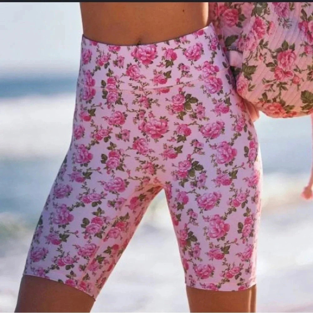 LoveShackFancy Pink Rose-Print Bike Shorts